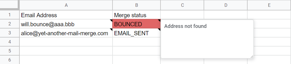 Contact list spreadsheet with a BOUNCED merge status and an Address not found tooltip