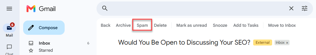 Spam button in the Gmail toolbar above an open message