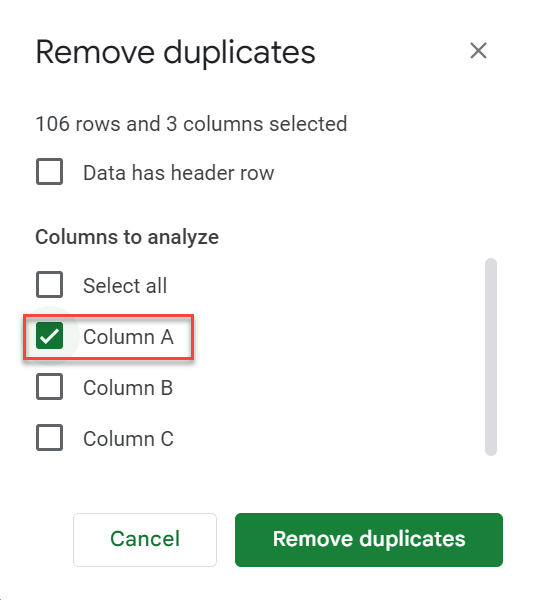 Column A selected in the Remove duplicates dialog