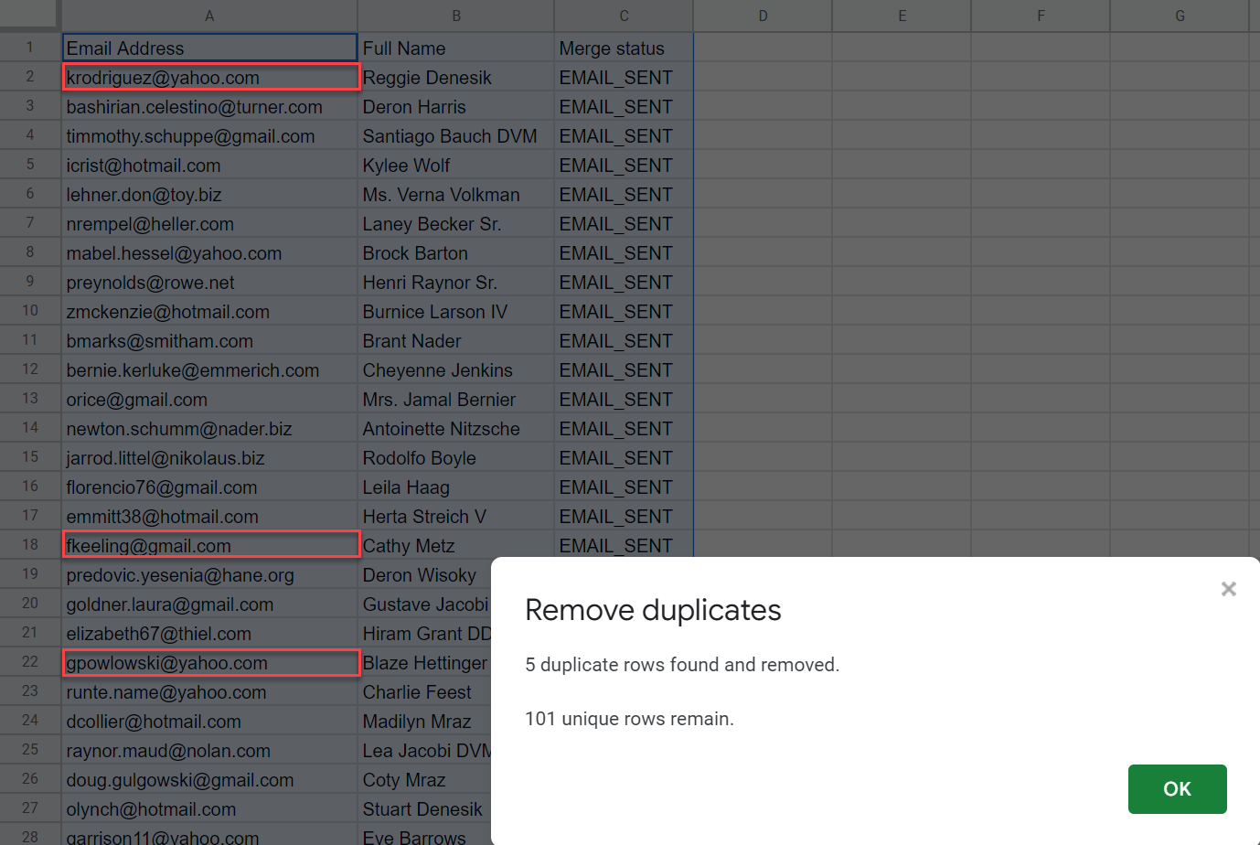 Confirmation that 5 duplicate rows were found and removed