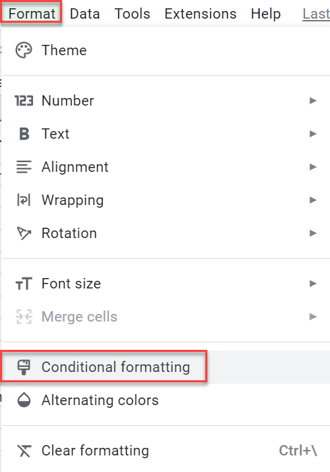 Conditional formatting selected in the Format menu