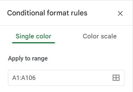 Email column range entered in the Conditional format rules panel