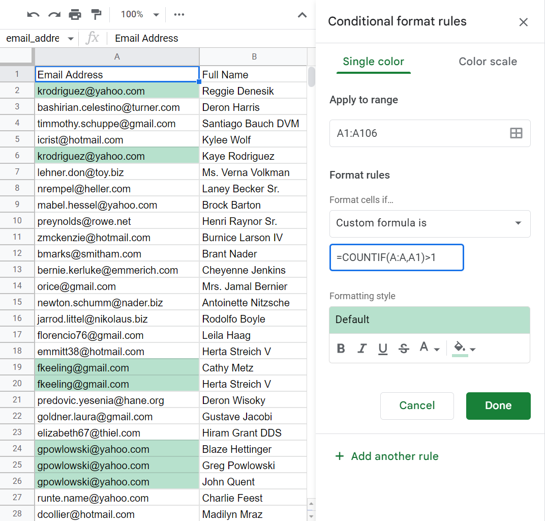 Duplicate email addresses highlighted after applying the custom formula rule