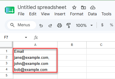 Email addresses listed one per row in the Email column