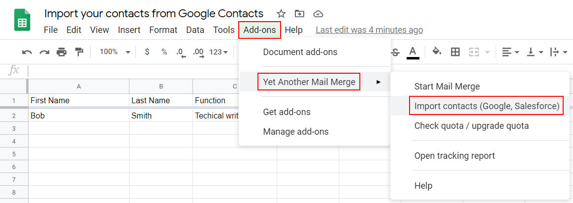 Import contacts (Google, Salesforce) selected from the Yet Another Mail Merge add-on menu