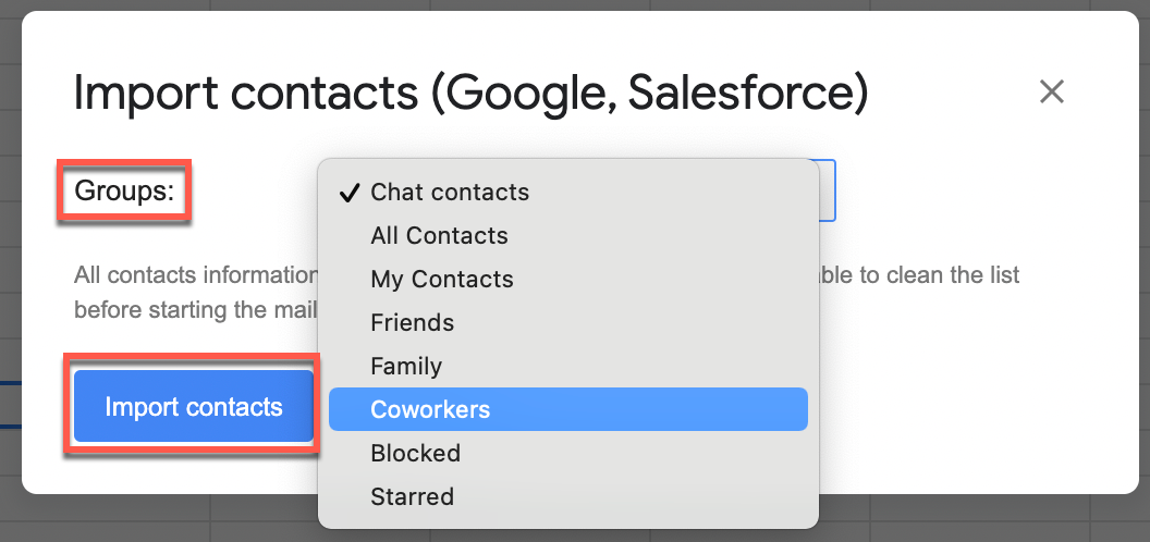 Group selected and Import contacts button in the Import contacts dialog