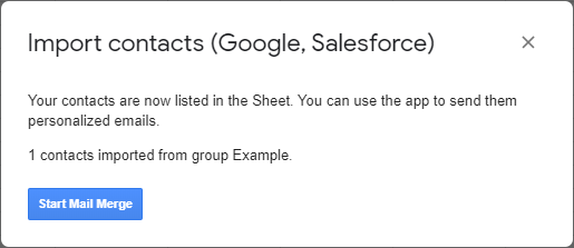 Confirmation that contacts were imported, with a Start Mail Merge button