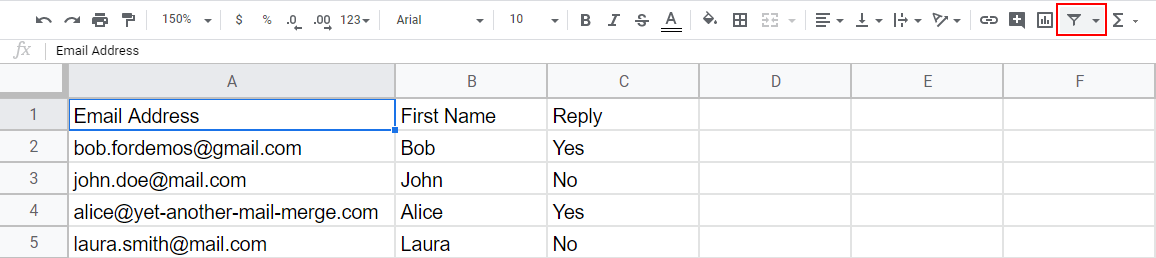 Filter button in the Google Sheets toolbar with cell A1 selected