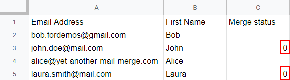 Merge status column with 0 entered for the rows to skip