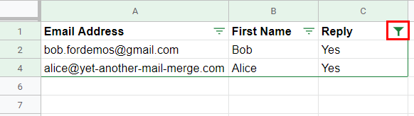 Contact list filtered to show only the rows to send to