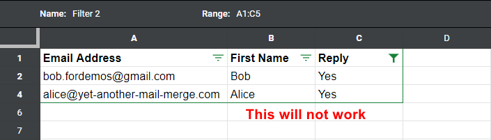 Filter view in Google Sheets, marked as not supported by YAMM