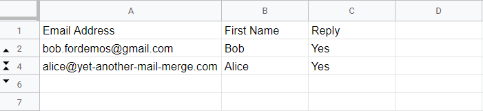 Contact list with rows 3 and 5 hidden, shown by the collapse arrows in the row numbers