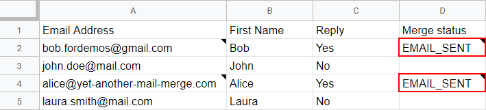 EMAIL_SENT recorded for the visible rows only, with the previously hidden rows left blank