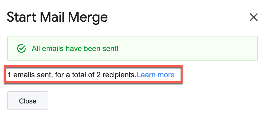 Confirmation showing fewer emails sent than recipients due to an invalid address