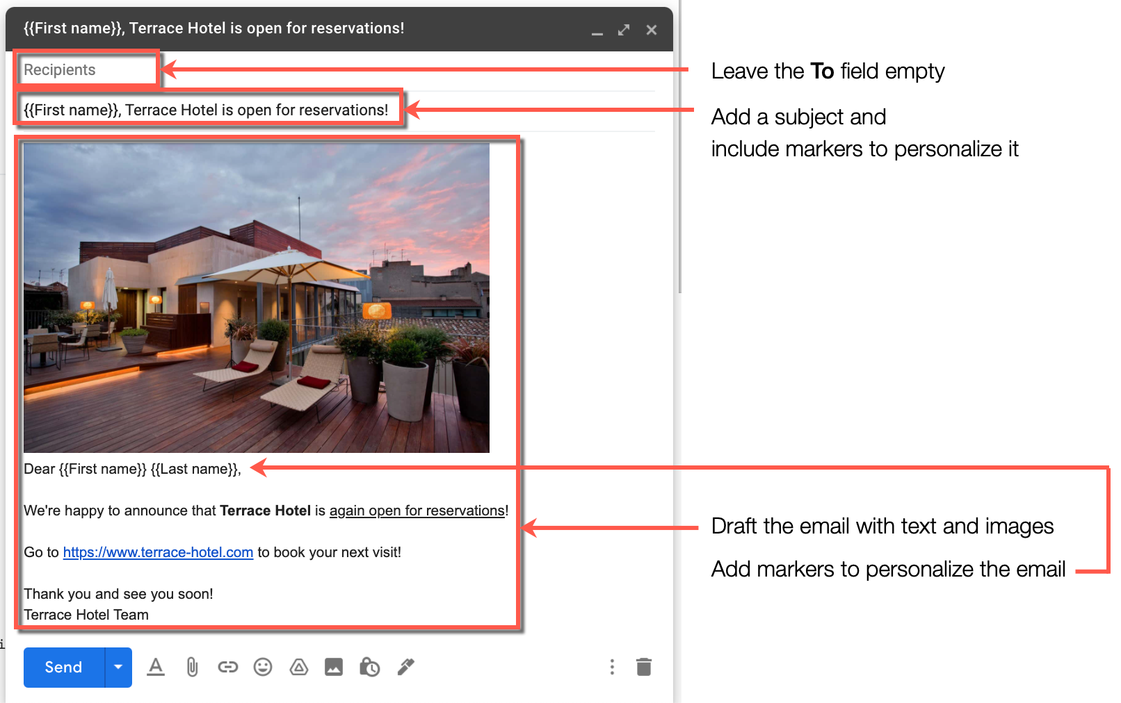 Annotated Gmail draft with markers highlighted in the subject and body
