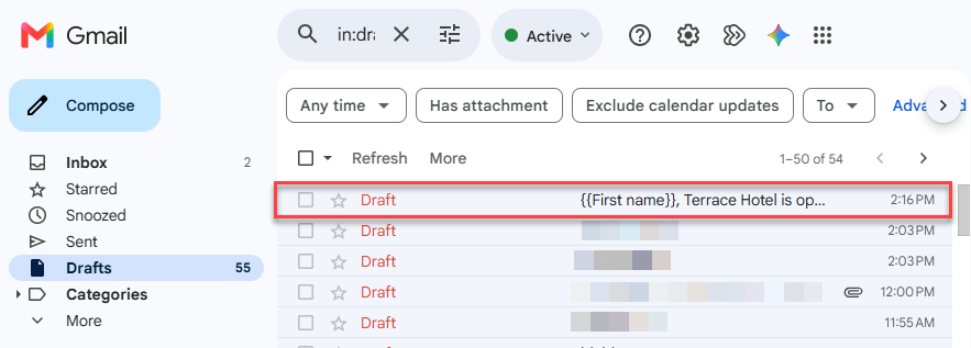 The created draft in the Gmail Drafts folder