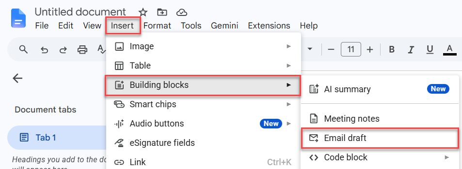 Insert the Email draft building block in Google Docs