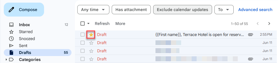 A starred draft in the Gmail Drafts folder