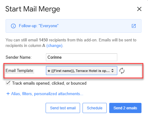 The starred draft at the top of the YAMM Email Template list