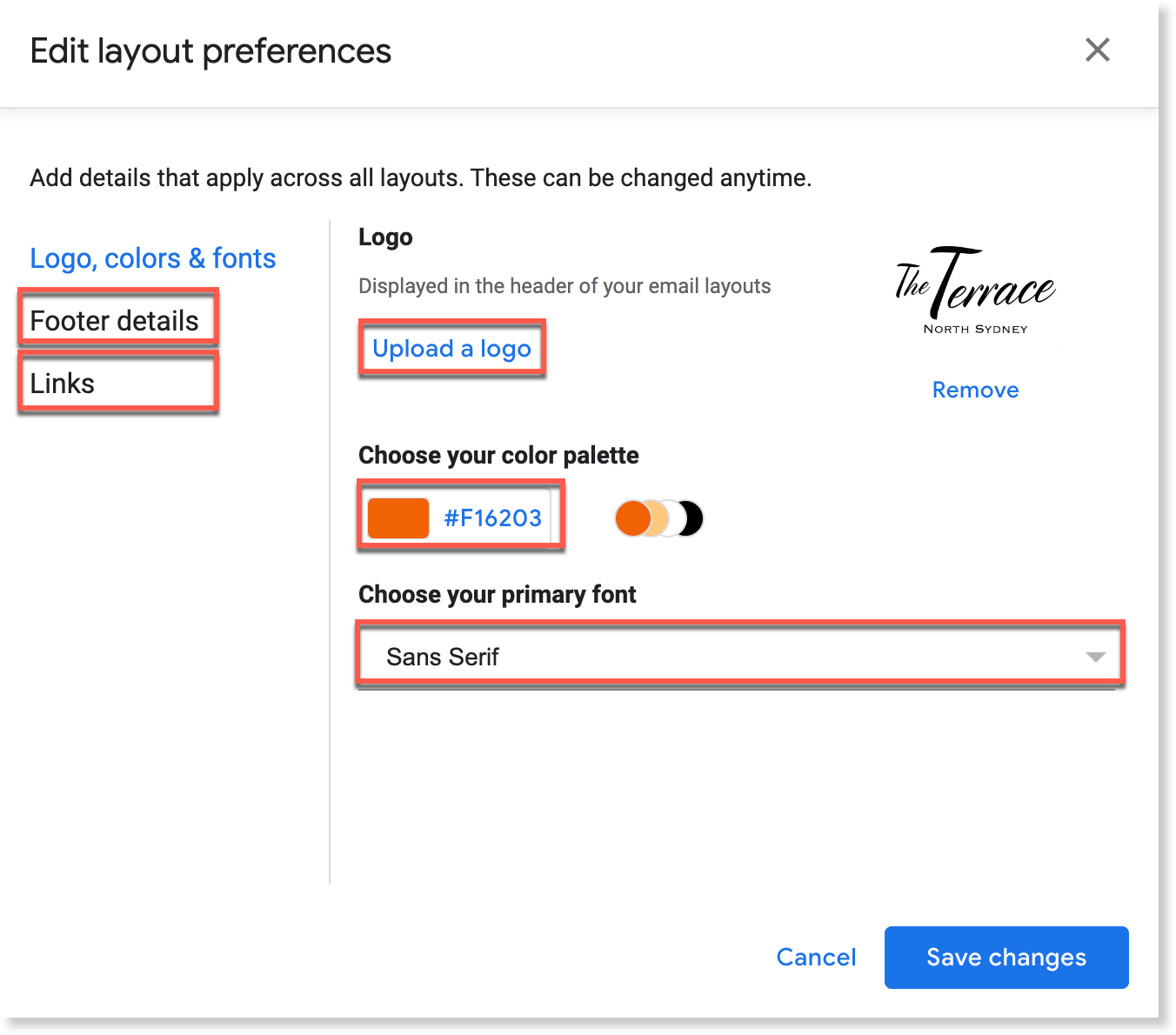 Logo, color, font, footer, and link fields in the Edit layout preferences dialog