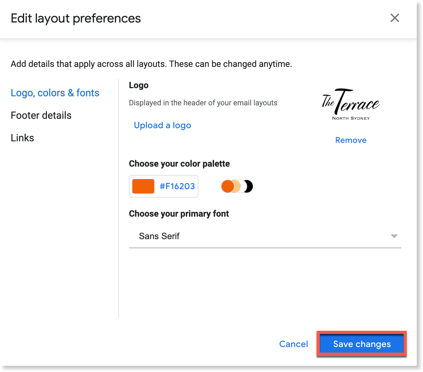 Save changes button in the Edit layout preferences dialog