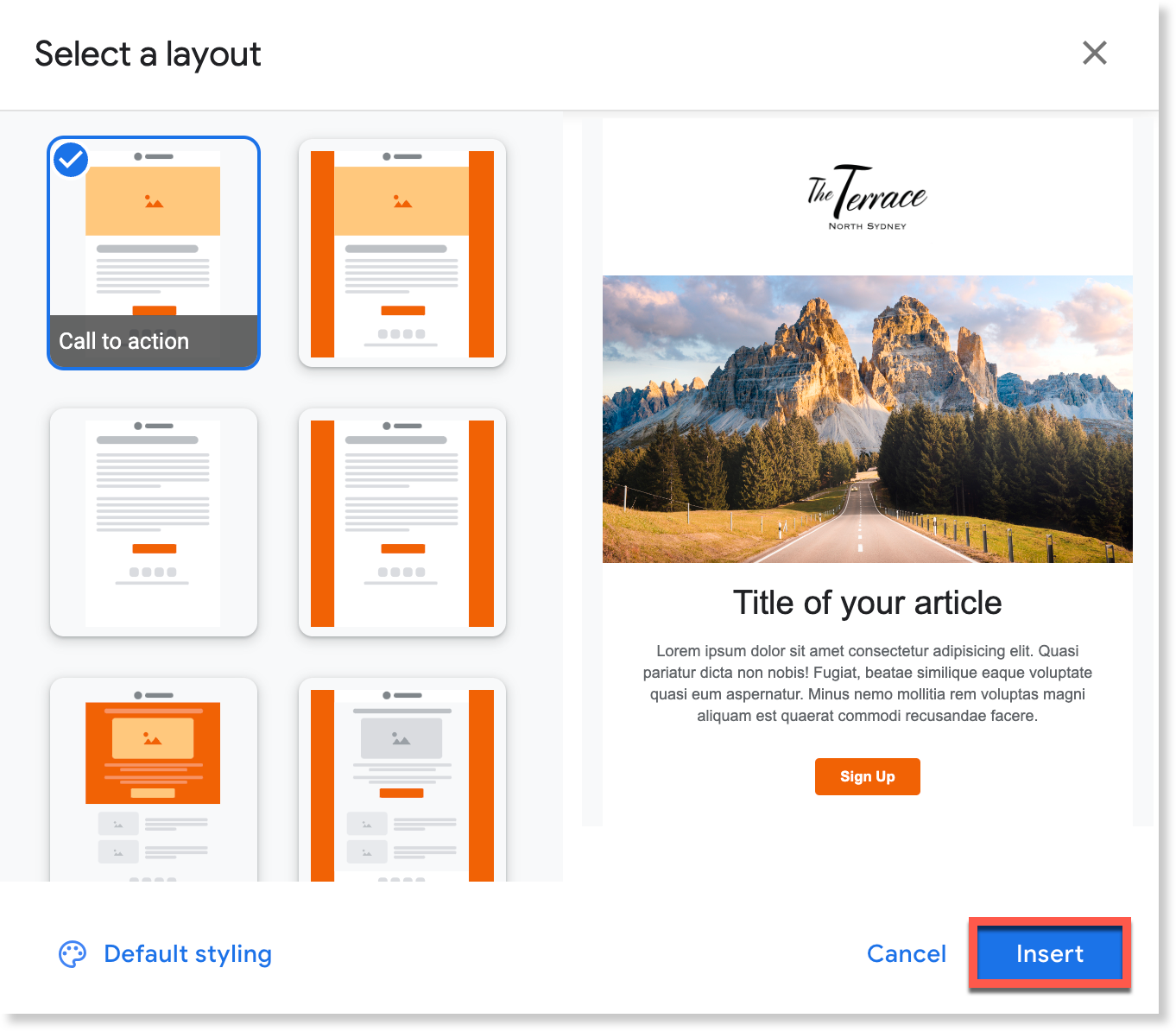 Insert button in the Select a layout dialog