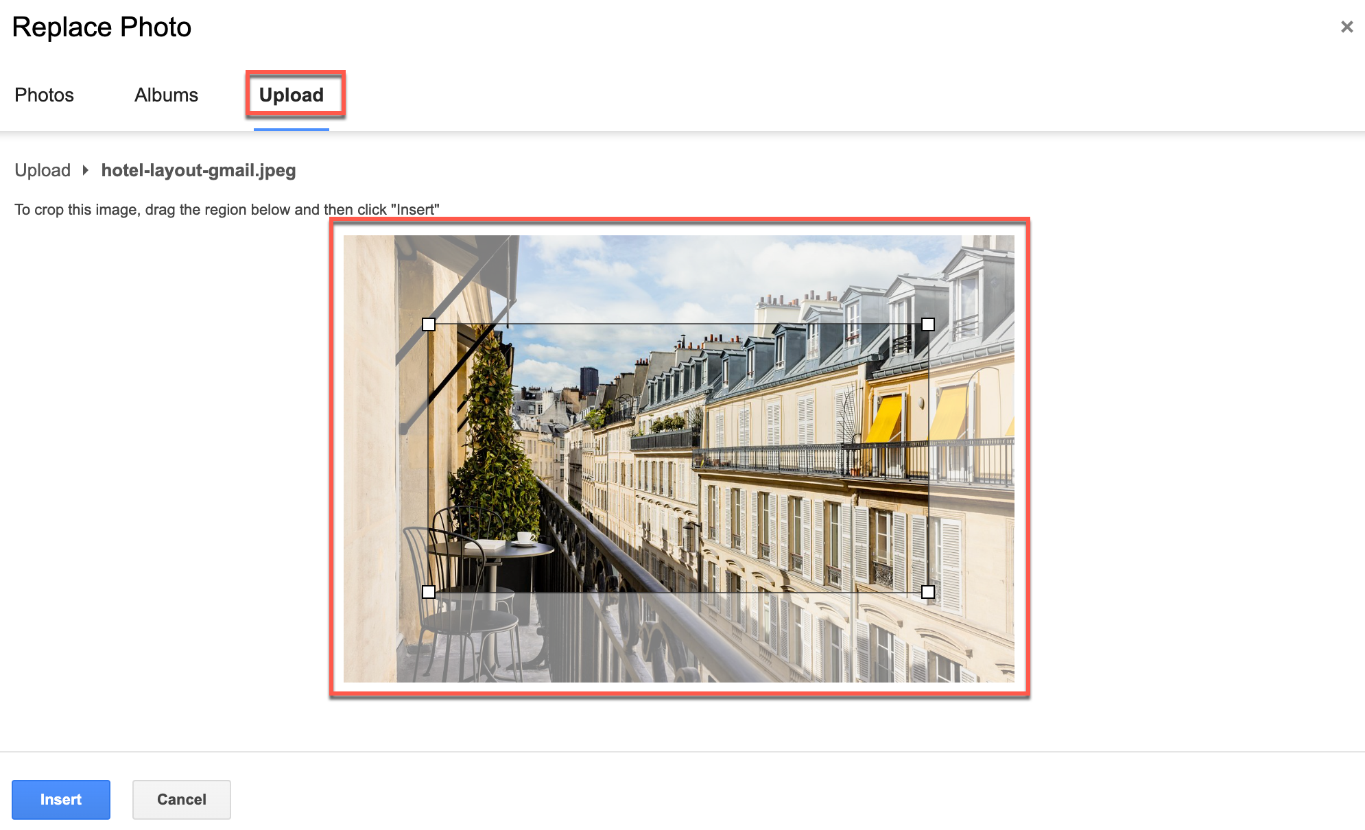 Upload and crop a replacement photo in the Gmail layout