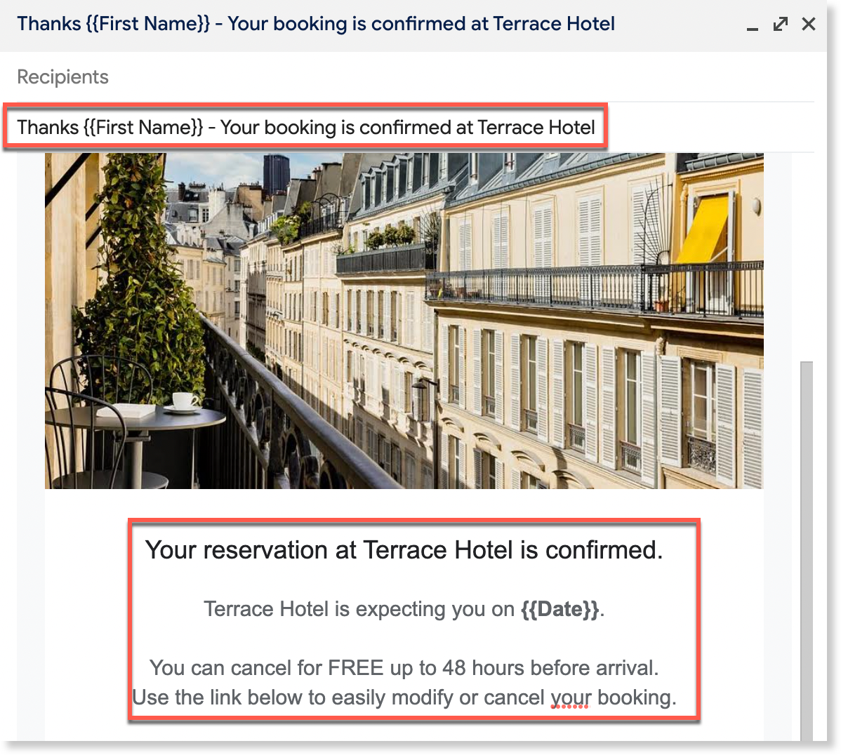 Subject line and body markers highlighted in the Gmail layout draft