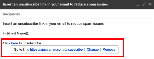 Gmail draft with an unsubscribe link pointing to the YAMM unsubscribe URL