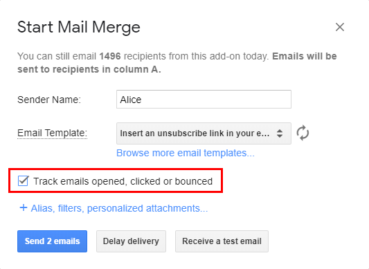 Start Mail Merge window with the Track emails opened, clicked or bounced option checked