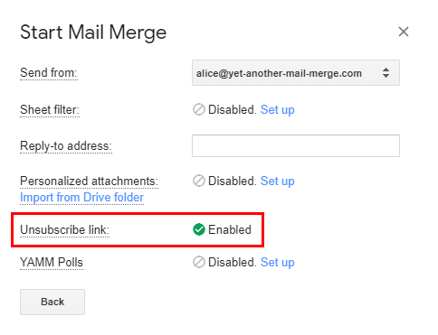 Options panel of the Start Mail Merge window showing the unsubscribe link as Enabled