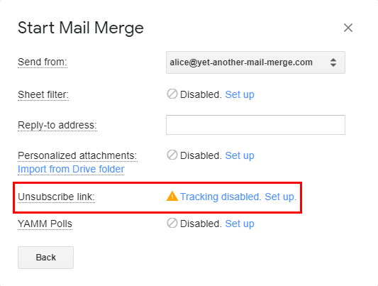 Options panel of the Start Mail Merge window showing the unsubscribe link with a Tracking disabled warning