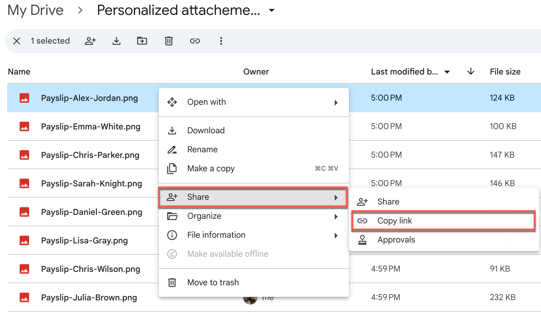 Copy link selected from the Share menu for a Google Drive file