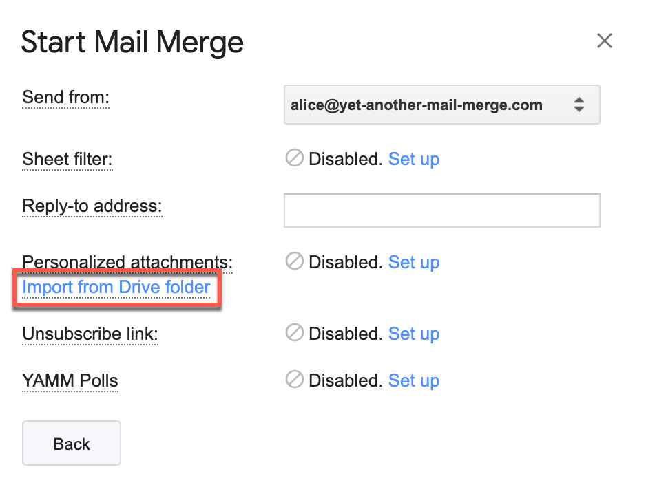 Import from Drive folder link under Personalized attachments