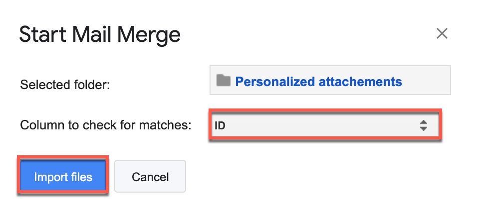 ID column selected to check for matches, with Import files highlighted
