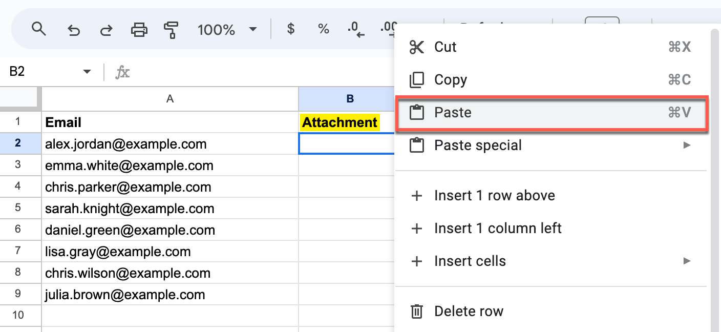 Attachment link pasted into the recipient cell