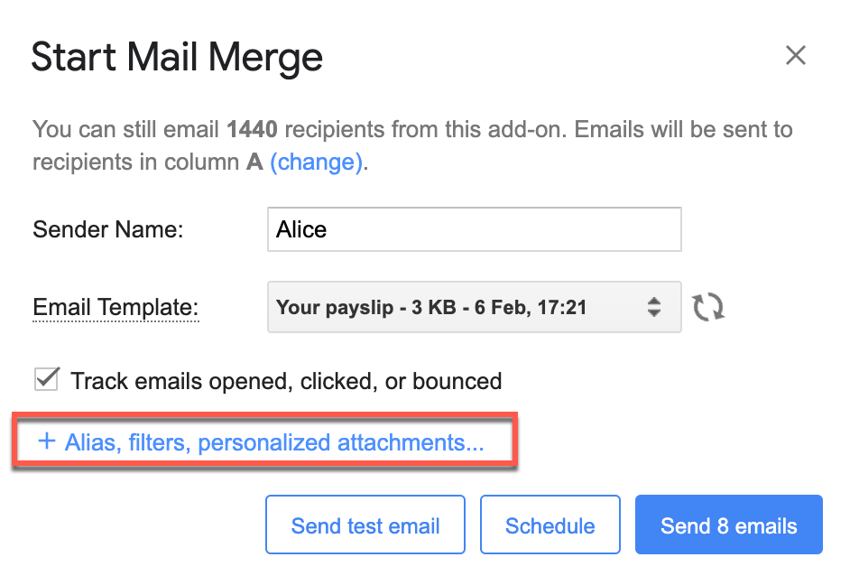Alias, filters, personalized attachments link in the Start Mail Merge dialog