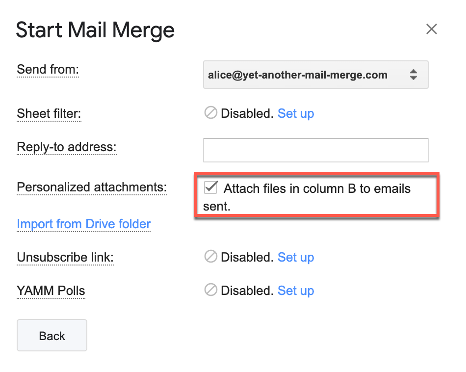 Attach files in column checkbox selected under Personalized attachments