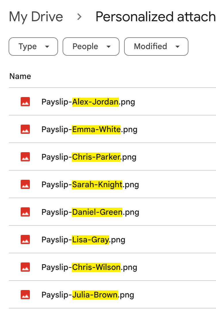 Unique IDs highlighted in the file names in Google Drive