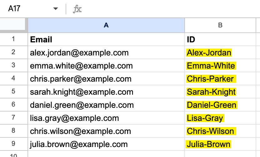 ID column listing each unique ID matching a Google Drive file name