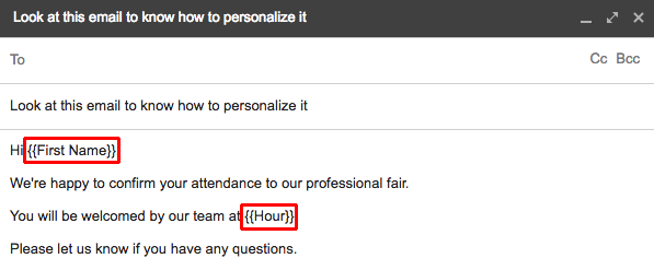 A Gmail draft with First Name and Hour markers in the body