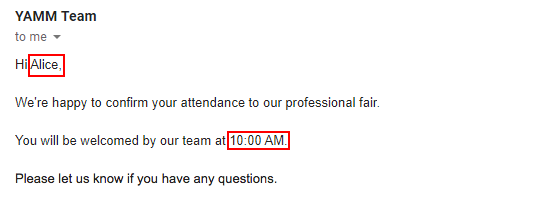 The received email, with the markers filled in