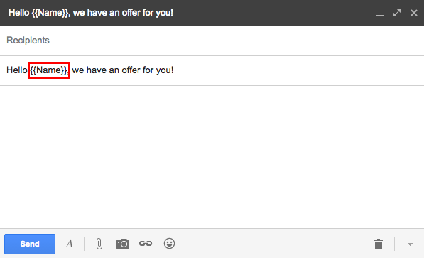 The matching Gmail draft, with the Name marker in the subject line