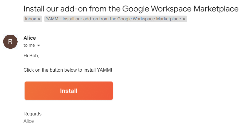 Received email with the Install button linking to the URL in startlink