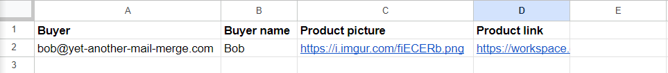 Product link column with a product page URL for each row