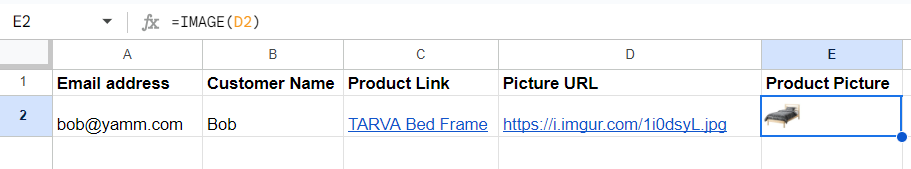 IMAGE formula displaying the picture from the Picture URL column
