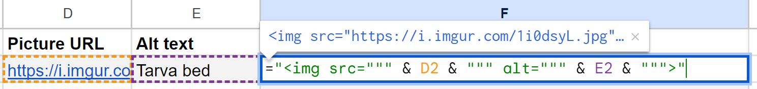 Formula combining the picture URL and alt text cells into an HTML img tag