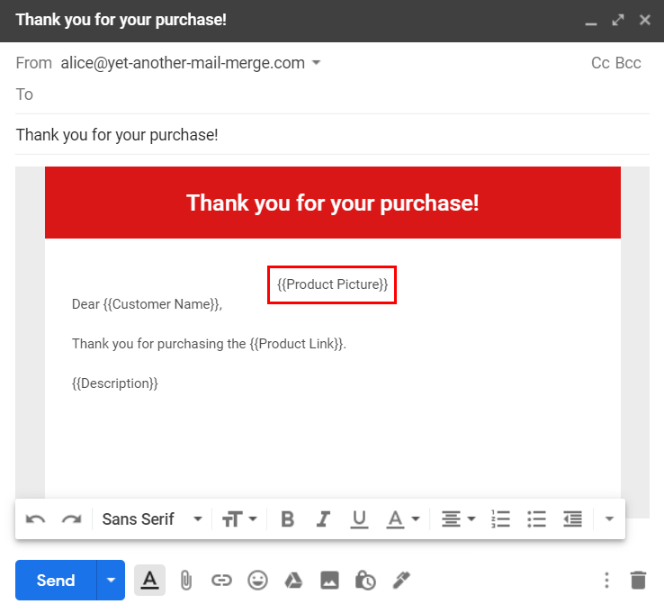 Product Picture marker inserted in the Gmail draft body