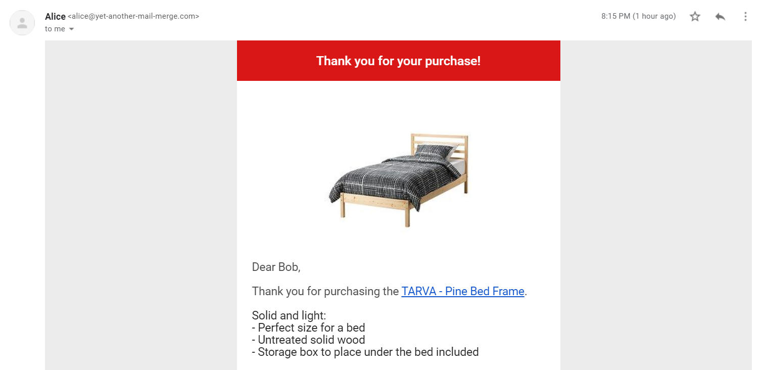 Received email with the personalized product image