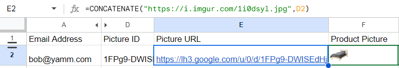 Image URL concatenated in its own cell, then referenced with IMAGE()
